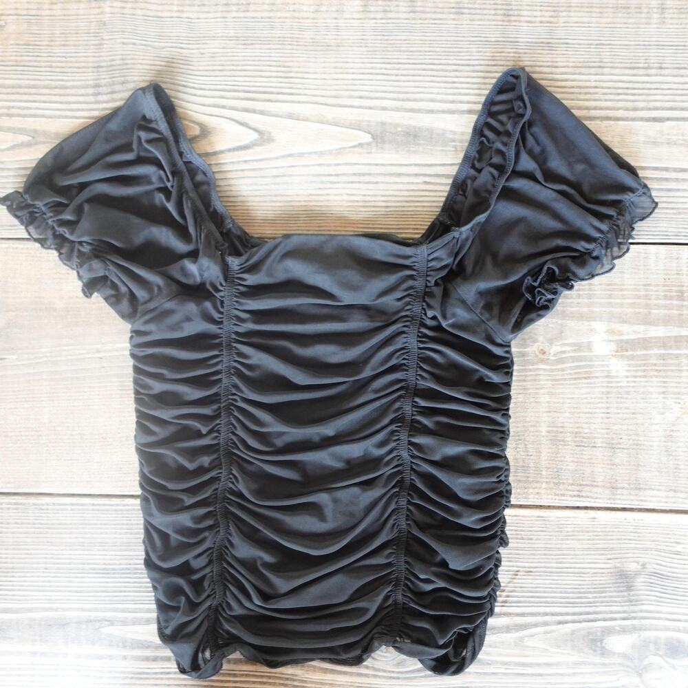 Y2K Top Womens Medium Black Ruched Mesh‎ Whimsigoth Fairy Grunge Sheer Stretch